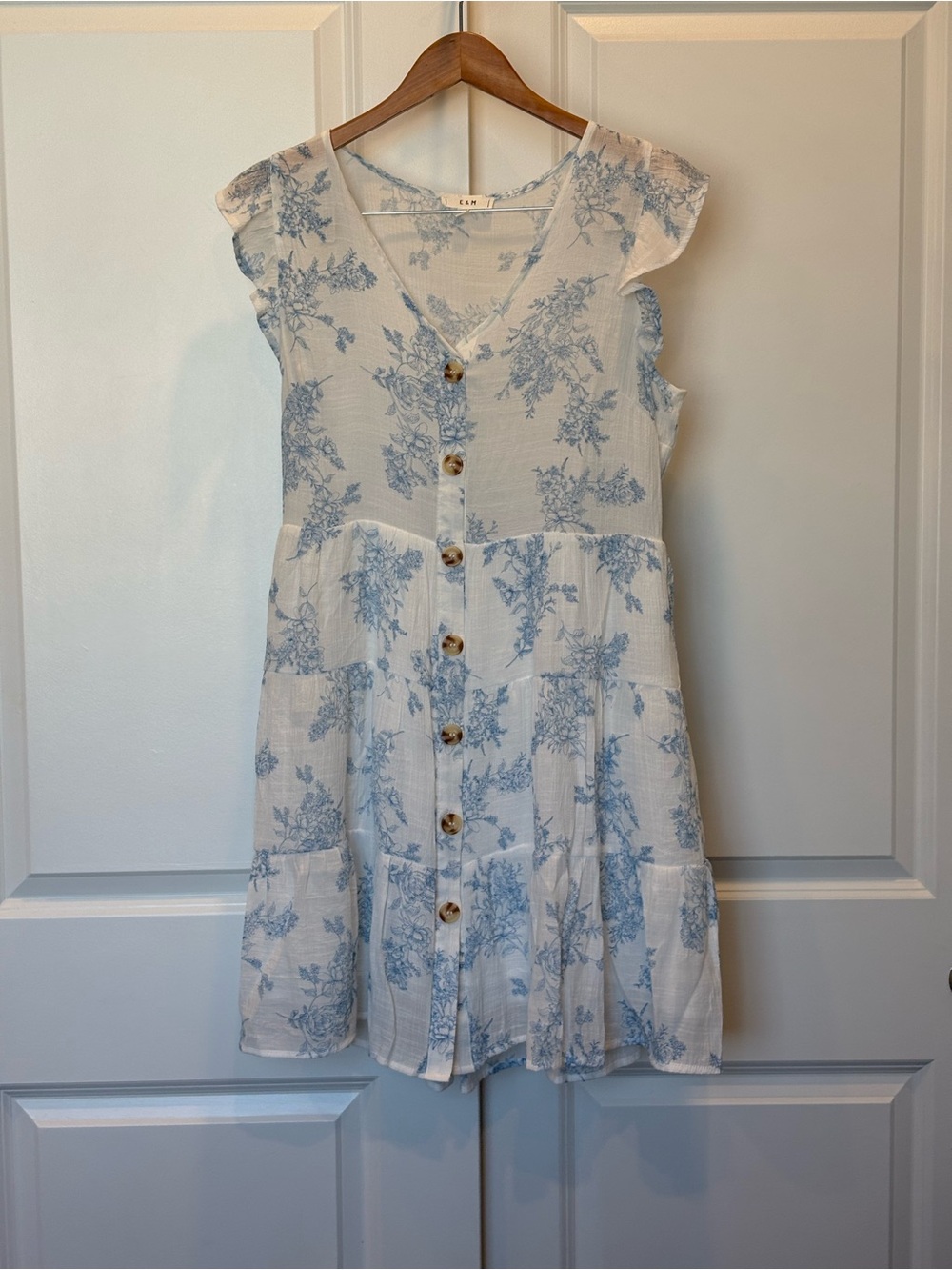 Button-Front White Mini Dress with Blue Floral Print